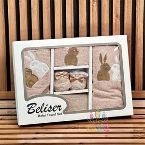 ست-5-تکه-حوله-جعبه-ای-بلیکا-طرح-دو-خرگوش-نسکافه-ای